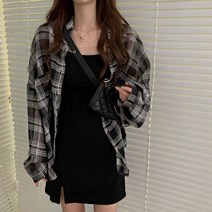 여성 끈나시 원피스 루즈핏 체크 셔츠 세트 코디