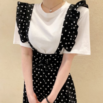 [파인스토리}프릴 멜빵 엑스끈 도트 롱원피스