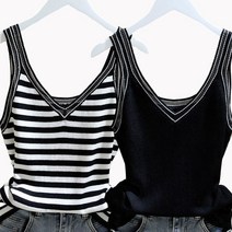 JUSTFEELING M-3XL 줄무늬 민소매 나시 브이넥 니트티 슬림핏 데일리 질좋은 이너티