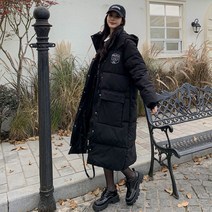 블랙 후드 무릎 덮개 하프 패딩 점퍼