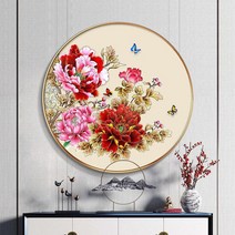 원형 붉은 모란꽃 목단꽃 부귀영화 화려하게 수놓은 아름다운 3D 보석십자수, 50x50cm