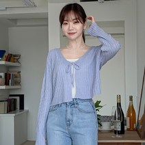 제니트 여성 루즈핏 브이넥 레이어드 리본 골지 니트 가디건 캐르리본골지