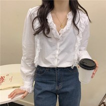 둥근카라블라우스 속이 빈 레이스 솔리드 화이트 셔츠 가을 기본 착용 긴 소매 귀여운 달콤한 정장 우아한 여자 여자 프릴 탑과