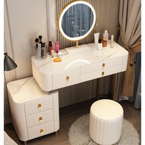 북유럽 화장대 미니 심플 라이트 럭셔리 암판 원목 화장대세트, 1m 화이트+캐비닛+거울+원형화이트