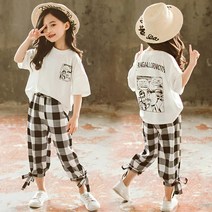 베비포 여아용 카툰 반팔티 체크 바지 상하복 세트 T769