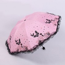 공주 태양 더블 레이스 파라솔 아치형 UV 크리 에이 티브 세 접는 여성 나비 인쇄 안티 햇빛 방수 핑크 우산
