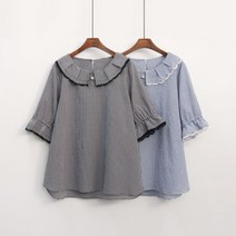 수키 파 어웨이칼라 깅엄체크 A라인 반팔 프릴블라우스 1101537