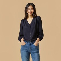 [JAJU/자주] 여 V넥 7부 블라우스_네이비