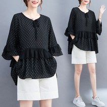 도니와 여성 라운드넥 블랙도트 셔링플레어 날개소매티셔츠 데일리룩 봄티셔츠 여름티셔츠 예쁜티셔츠 편한티셔츠 여름블라우스 도트블라우스 반팔블랙 데이트룩 여행패션 직장인티셔츠 출근패션