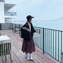 타탄체크스커트 A라인 롱 스커트 여성 격자 무늬 가을 복고풍 아웃도어 미디 겨울 코 로케이션 스웨터 허리 라인 우산