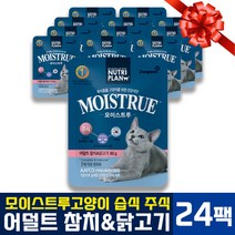 동원 뉴트리플랜 모이스트루 어덜트 고양이 반려묘 성묘 참치 닭고기 생선 주식 습식 사료 간식 파우치 장건강 수분 유산균함유 영양학 최적화 AAFCO 미국사료관리협회 병용급여 80g, 24팩