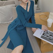 DFMEI.Soft knit dress -- 코트 매치 니트 원피스 브이넥 추동 이너 기질 롱 무릎 위 허리 조임슬림 스웨터 스커트