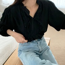 [레티고] 여성 브이넥 프렌치 프릴 루즈 블라우스