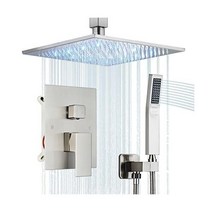 샤워 시스템 30 5cm(12인치) LED 스퀘어 샤워헤드 수도꼭지 세트 키트 핸드헬드 스프레이 SUS304 스테인리스 스틸 트림 샤워 러프 인 밸브 브러시드 니켈 포함, 30.5cm(12인치) LED_브러시드 니켈