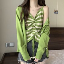 FANSYLI 여성 봄가을 니트 가디건 투피스 줄무늬 나시 긴팔 가디건 슈트 루즈핏 빅사이즈 W3F06