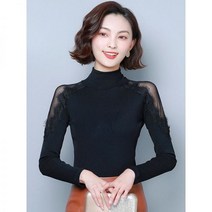 화이트블루 메쉬 레이스 터틀넥 블라우스 캐쥬얼 여성 슬림 셔츠 긴팔 여성 상의 블랙 패션 2023 가을