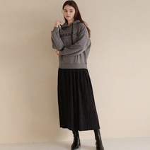 아방 로고 프린트 플리츠 배색 루즈핏 롱 기모 후드 원피스 - 블랙
