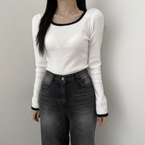 VANANA2 여성 데일리 배색 심플 베이직 스퀘어넥 긴팔 니트 티셔츠 2color