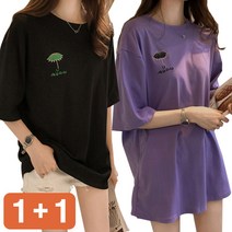 [1+1] 우산자수 오버핏 반팔티 루즈핏 오버핏 박스티 데일리 캐주얼 티셔츠
