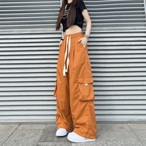 리본 카고바지 여성 여름 오렌지색 와이드 루즈핏 스트레이트핏 일자 다포켓 빅진 맥시 캐쥬얼 운동