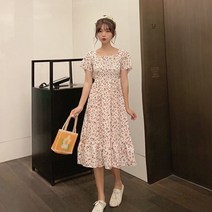 여성 여름 롱 반팔 원피스 플라워 스모크 밴딩 주름