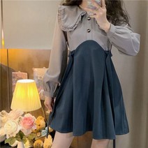 빈티지 패치 워크 피터팬 칼라 귀여운 세련된 파티 드레스 여성용 새로운 프레피 스타일 긴 소매 슬림 미니 드레스