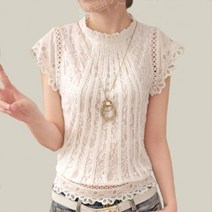 나시블라우스 숙녀용 화이트 레이스 블라우스 반팔 스탠드 칼라 여성 크로셰 뜨개질 셔츠