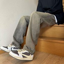 일자통바지 고가 VIBE 무드 엘로 진흙으로 물들이다 구제 데님 바지남자 HIPHOP 와이드 루즈핏 4994506573