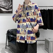 남자반팔티 남성해변티셔츠 YASUGUOJI Streetwear Cartoon Printed Short Sleeve Shirt Men Casual 2022 Hawaii Beach