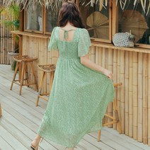헤링본 롱 쉬폰원피스 여름 프릴 스모크 스퀘어넥 플레어 빅사이즈 휴양지 바캉스룩 비치웨어 HE051