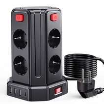 Sameriver 타워 멀티탭 ZYC05 3M 코드 USB 멀티탭 12구 (8소켓 3*USB-A 1*USB-C), 블랙