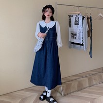 청멜빵원피스 빅사이즈 여성의류 가을 프렌치 플랫카라 시크 와이셔츠 뚱뚱한 슬림핏 데님 원피스코디세트 2524670456