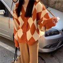 Z3JC 빅 사이즈 깅엄 브이넥 루즈 니트 카디건