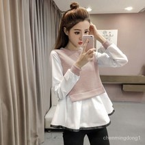 봄가을 여성 페이크 레이어드 스웨터 셔츠 프릴 블라우스 라운드 티셔츠