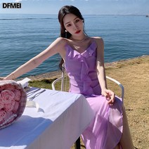 DFMEI 선녀 쉬폰 원피스 오프닝 프릴 나시 스커트 머메이드 스커트 미디엄 언밸런스 스커트 코디