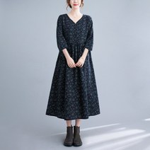 중년여성원피스 77사이즈원피스 가을 겨울 빅사이즈 복고풍 미디 면 린넨 40 50대