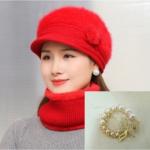 비바브 중년 여성 엄마 할머니 꽃코사지 털모자 + 브로치세트