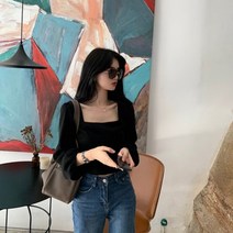 DAPANDA 스퀘어넥 프렌치한 쇄골상의 슬림하고 심기일전해 보이는 여자 봄가을 빈티지 쇼트 긴팔 셔츠