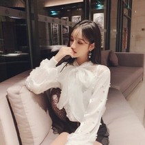 코디하기 좋은 데일리 코디룩 단정하고 세련된 블라우스 셔츠 거즈 스플라이스 비즈 프릴 쉬폰 블라우스