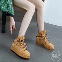 도오빠 여성 가죽 하이탑 운동화 스니커즈 4.5cm 키높이 통굽 미들힐 스웨이드 워커 발편한 사계절 스포츠 여자신발 여자운동화