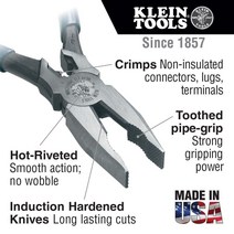 Klein Tools J12098 범용 콤비네이션 플라이어 압착 다이 톱니형 파이프 그립 유도 경화 나이프