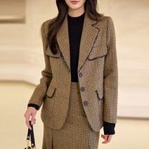스타일온미 엘리나 울 블렌드 브레이드 라인 체크 테일러드 자켓