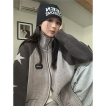 하이넥 별 루즈핏 스트라이프 니트 코트 여성 가을 겨울 하프 니트 가디건 상의