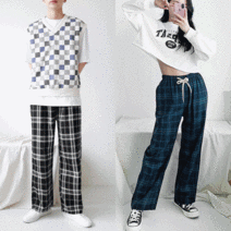 코디제이 남자 바지 M데일리체크와이드 남녀공용 홈웨어 와이드팬츠 체크무늬 밴딩바지