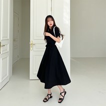 토마토팩토리 여성용 시나 무지 리본 플레어 반팔 롱 원피스(2color)