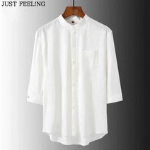 JUST FEEL!NG 남성 스탠드 넥 7부 반팔 셔츠 여름 시원한 면마 원단 통기성 좋은 셔츠 단색 빅사이즈