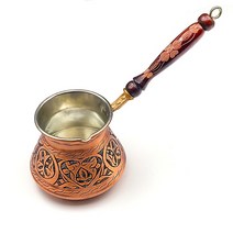 체즈베 터키식커피 이브릭 13.50 Oz 미디엄 커피 포트-자수 나무 손잡이가 달린 메이커 4 인용 수제 Cezve, 01 Copper Color
