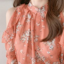 넥 프릴 블라우스 빈티지 오프 숄더 플로랄 블라우스 여성 우아한 오피스 레이디 쉬폰 셔츠 패션 긴 소매