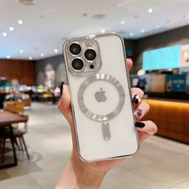 애플 아이폰14프로 호환 케이스 Magsafe 패션 도금 렌즈 보호 iPhone 14 13 12 11 Pro Max 실리콘 카메라 무선 자기 충전 커버, 아이폰 13용, 은