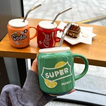 코카콜라 빈티지 세라믹컵 코카콜라굿즈 캔모양, 소다 캔 컵 레드 380ML + 스테인레스 스틸